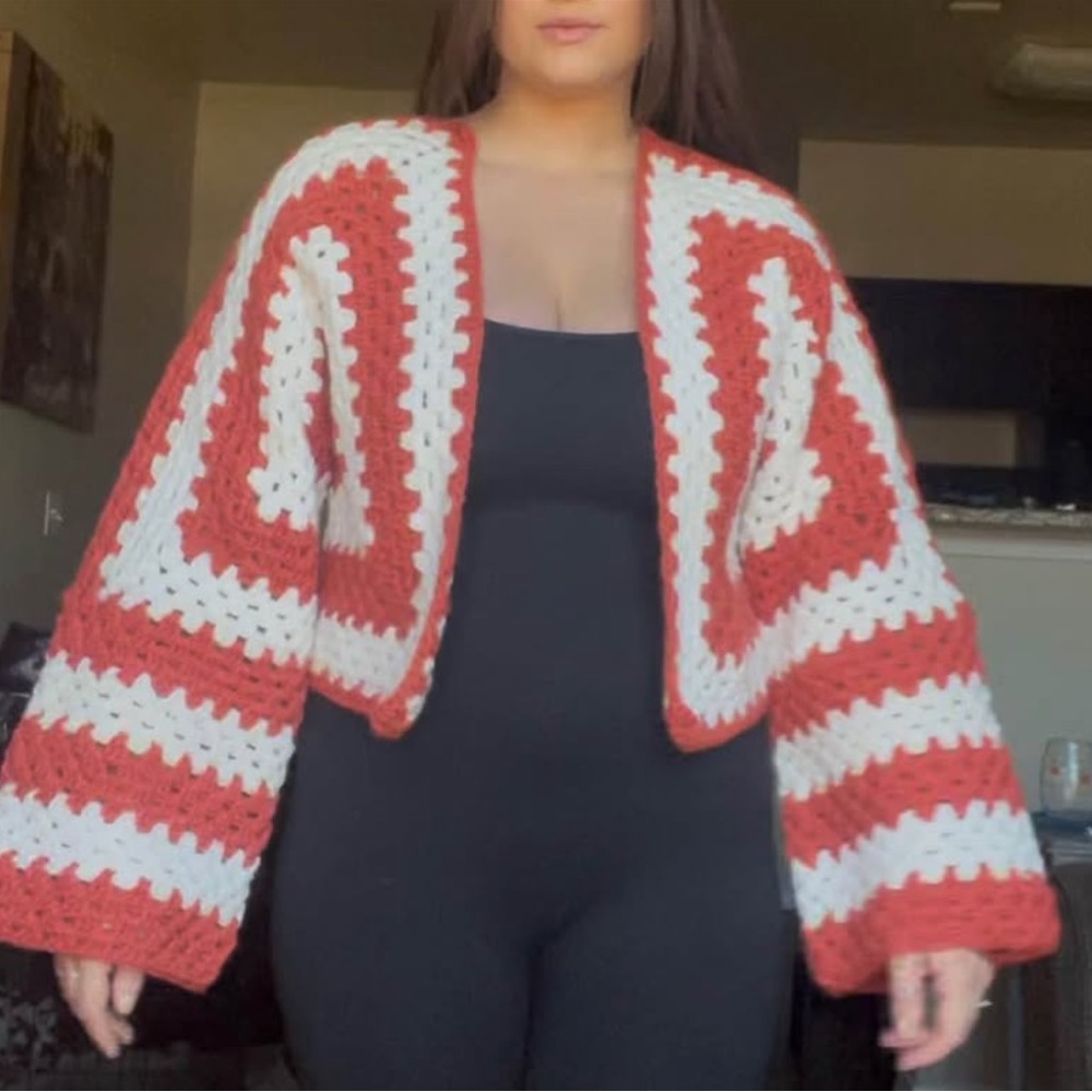 Handmade Crochet Striped Open Cardigan Sweater - Rust & Cream